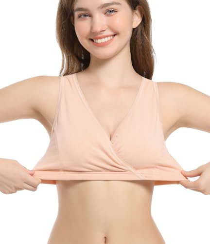 CAKYE 3 Pack Maternity Nursing Sleep Bra Breastfeeding Cotton Bralette - color: Nude/Army Green/Atrovirens, size: Small