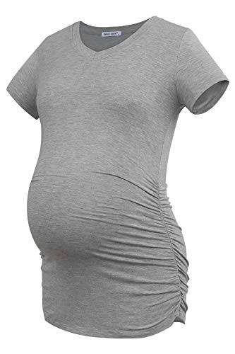 Smallshow Women's V Neck Maternity Clothes Tops Side Ruched Pregnancy T Shirt - color: Army Green-black-grey(3 Pack), size: Medium