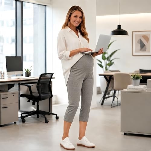 Maternity Capri Pants, Over The Belly Pregnancy Pants with Pocket - color: Gray, size: X-Large