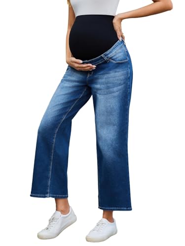 Ecavus Women's Maternity Jeans Over Belly Wide Leg Comfy Stretch Denim Pants with Pockets, XS-XXL - color: Dark Blue Regular, size: Medium