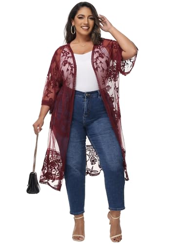 Anna-Kaci Women's Plus Size Lace Cardigan Embroidered Long Kimono Dusters with Half Sleeves - color: Burgundy, size: 3X-Large-4X-Large
