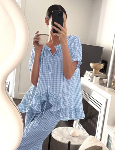 COZYPOIN 100% Cotton Pajamas for Women Set Cute Gingham Lounge Set - color: Blue, size: X-Small