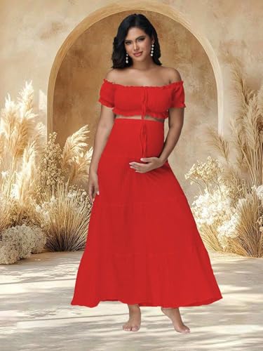 Maternity Boho 2 Piece Outfits Dress for Photoshoot Baby Shower - color: Red, size: Large