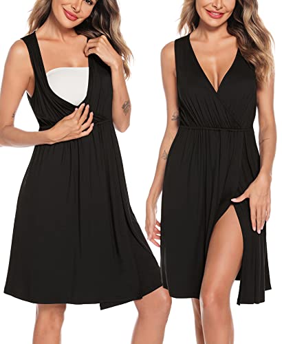 SWOMOG Women Maternity Nursing Gown and Robe Set 3 in 1 Labor Delivery Nursing Nightgown for Breastfeeding Hospital Bathrobe - color: Black, size: Small