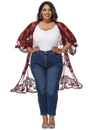 Anna-Kaci Women's Plus Size Lace Cardigan Embroidered Long Kimono Dusters with Half Sleeves - color: Burgundy, size: 3X-Large-4X-Large