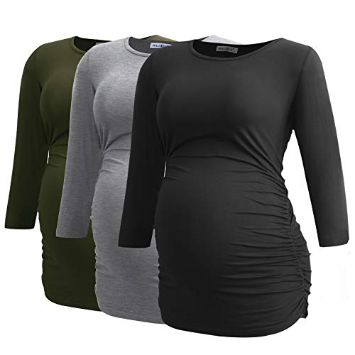 Smallshow Women's Maternity Tunic Shirts 3/4 Sleeve Ruched Pregnancy Tops - color: Army Green-black-grey(3 Pack), size: Large