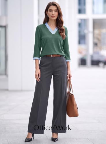 EVALESS Womens Tops Striped Colorblock V Neck 3/4 Sleeve Blouses Tunics - color: Green, size: Large