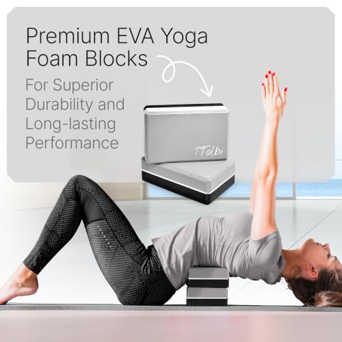 Yoga Blocks 2 Pack with Strap and Guide – Soft Non-Slip EVA Foam Blocks - color: Gray/Black - Stretch Band Gray