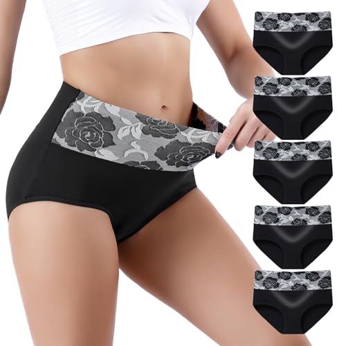 Honzadar Cotton Underwear for Women, Breathable High Waisted Panties - color: Black-5pack, size: X-Large
