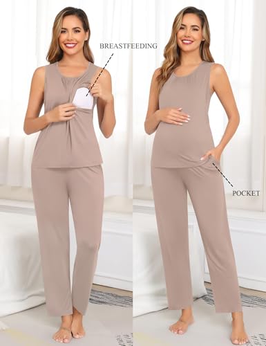 SWOMOG 3pcs Maternity Nursing Robe Set Labor Delivery Double Layer Pajamas Set Postpartum Breastfeeding PJS, S-XXL - color: Light Brown, size: XX-Large