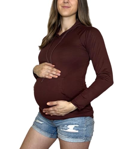 MISS POPULAR Womens Maternity Hoodie Ruched Side Long Sleeve Front Pocket Cozy Pregnancy Layering Sweatshirt - color: Maroon, size: Medium
