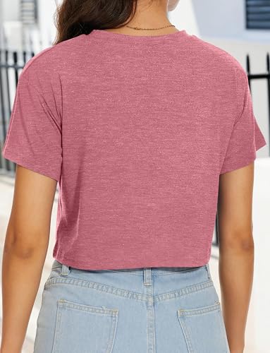 Womens Crop Tops Summer Short Sleeve Round Neck T-Shirts Loose Fit Blouse - color: B Brick Red, size: Medium