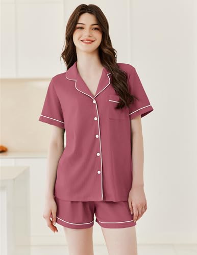 Ekouaer Womens Waffle Knit Pajama Sets Soft Short Sleeve Button Up Pjs - color: Pale Violet Red, size: Small