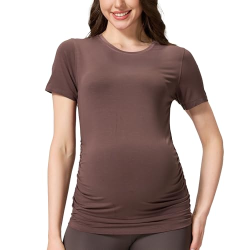 netdraw Buttery Soft Bamboo Viscose Maternity T Shirt, Pregnancy Short Sleeve Side Ruched Casual Tops - color: Cocoa, size: X-Large