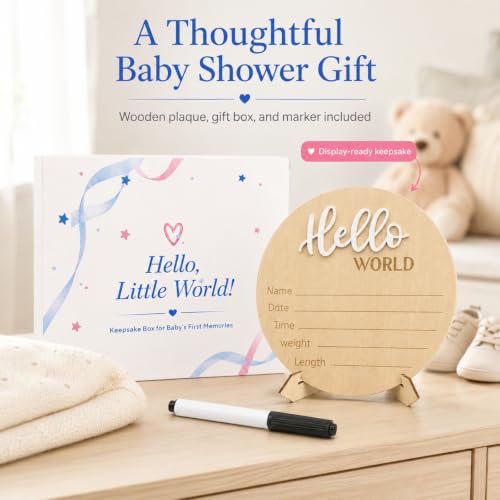 Hello World Baby Announcement Sign Newborn Welcome Plaque Box Set - color: White,Box
