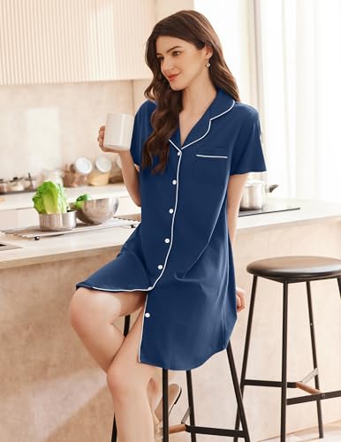 Ekouaer Womens Cotton Nightgowns Button Down Sleep Shirts Soft Night Shirts - color: Drak Blue, size: Medium
