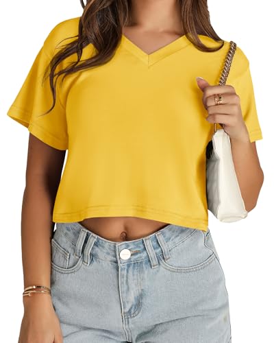 Womens Crop Tops Short Sleeve V Neck Summer Cropped T Shirts Baisc Tees - color: Solid Yellow, size: Medium