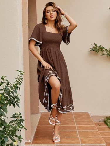 Glamaker Women's Short Sleeve Smocked Square Neck A Line Summer Flowy Maxi Long Dress - color: 01-brown, size: Medium
