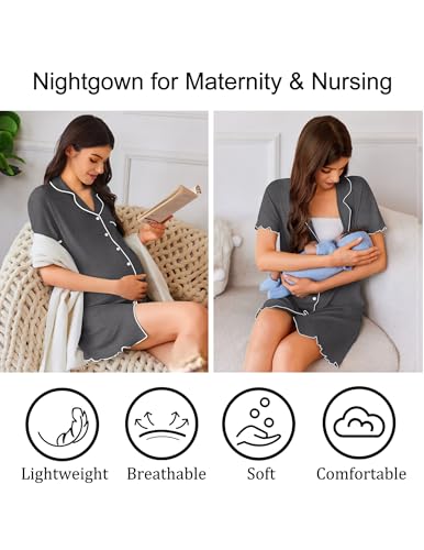 Ekouaer Cotton Nightgowns for Women Button Down Sleep Shirts Night Shirts - color: Medium Grey, size: Medium