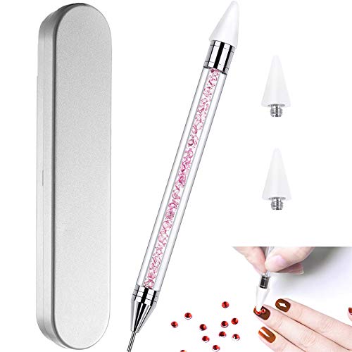 Nail Rhinestone Picker Dotting Tool with Extra 2 Wax Head, Dual-ended DIY Nail Art Tool With Pink Acrylic Handle - color: PINK