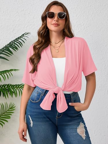 AusLook Women's Plus Size Short Sleeve Cardigan Sweater with Pockets 1X-5X - color: K09-pink, size: 3X