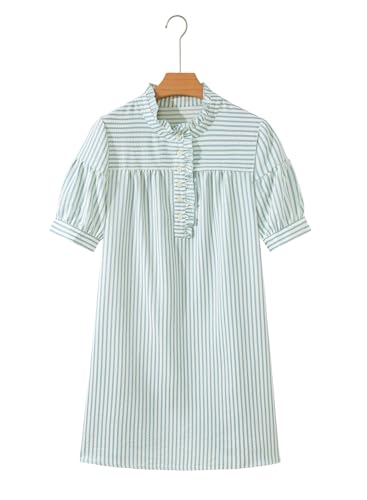 BLENCOT Summer Dresses for Women Puff Sleeve Striped Button Mini Dress - color: White Stripe, size: Medium