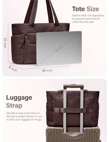 Uselike Tote Bag for Women with Zipper, Quilted Puffer Tote Bag with Compartments, Lightweight Puffy Work Bags for Women - color: Dark Brown
