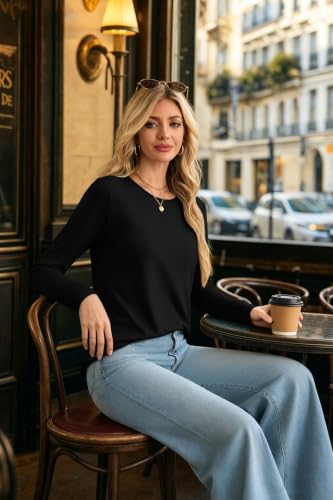 OFEEFAN Fall Long Sleeve Shirts For Women Casual Crew Neck Tunic Tops - color: Black, size: XX-Large