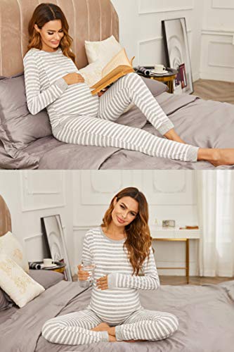 Ekouaer Nursing Pajamas Set Long Sleeve Maternity Clothes Thermal Underwear - color: Ash Light Gray Stripe, size: X-Large