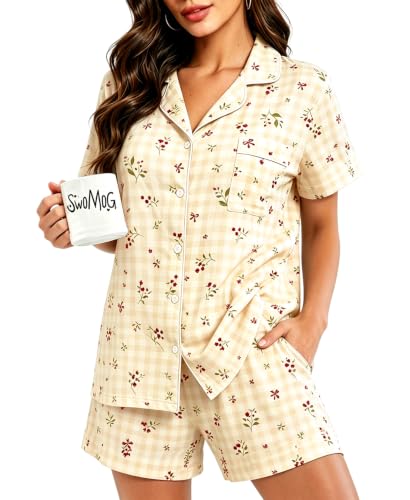 SWOMOG 100% Cotton Pajamas for Women Set, 2 Pieces Button Down Pjs Set, S-XXL - color: Cherry Bow Gingham, size: X-Large