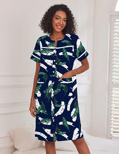 Ekouaer House Dress for Women with Pockets Duster Button Down Nightgown - color: Hawaiian Leaves, size: Large