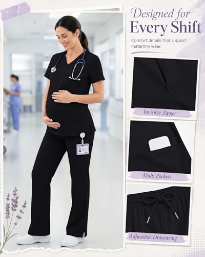 Women's Maternity Scrub Top Pant Set - color: Black, size: Large
