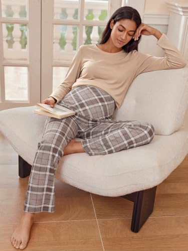 Summer Mae Viscose Maternity Pants Pregnancy Pajama Lounge Pant with Pocket - color: Grey Plaid, size: Medium