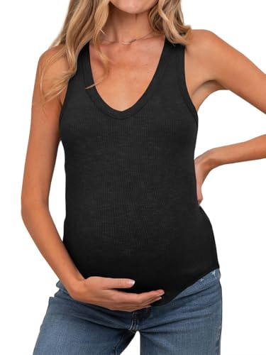Tankaneo Womens Maternity Tank Tops Sleeveless V Neck Ribbed Knit Shirts - color: Black, size: Medium