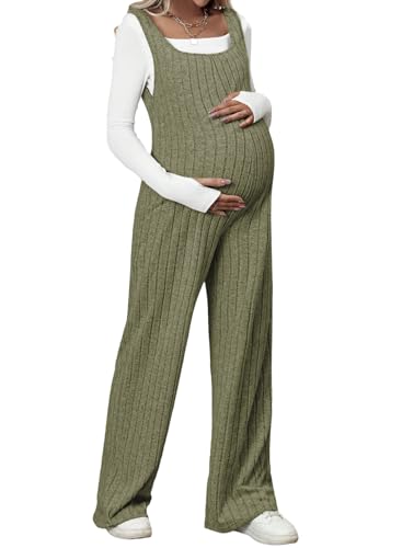 BLENCOT Maternity Jumpsuit Sleeveless Square Neck Wide Leg Pants Romper - color: Army Green, size: XX-Large
