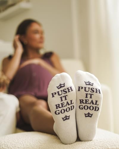 Kindred Bravely Labor and Delivery Inspirational Fun Non Skid Socks for Maternity and Pregnancy - color: Navy Blue - Push It