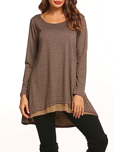 Poetsky Women's Long Sleeve Tunic Tops Layered Chiffon Hem Blouses Shirts - color: A-coffee, size: Medium