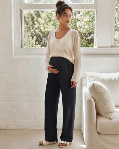 G4Free Chillwhisp Maternity Pants Lightweight with Adjustable Waisted Pregnancy Wide Leg Trousers Summer - color: Black, size: Small Tall