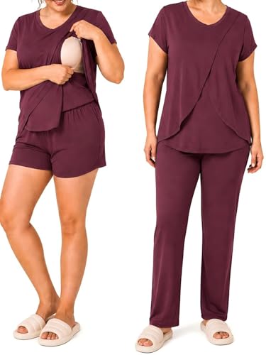 Rnxrbb 3 PCS Women Nursing Pajamas Set Postpartum Maternity Pj with Pockets - color: Deep Purple, size: XX-Large
