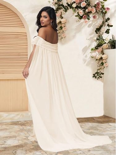 Maternity Mesh Off Shoulder Chiffon Cloak Maxi Photoshoot Dress - color: Beige, size: Large