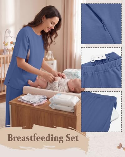 2Pc Postpartum Nursing Pajamas Set - color: Dark Blue, size: X-Large