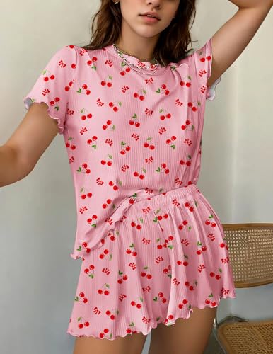 Ekouaer Womens Pajamas 2 Piece Ribbed Knit Pjs Short Sleeve Lounge Sets - color: Cherry, size: X-Large