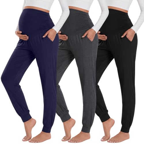 Neer 3 Pack Maternity Joggers Lounge Sweatpants with Pockets - color: Black, Dark Heather Gray, Navy Blue, size: X-Large