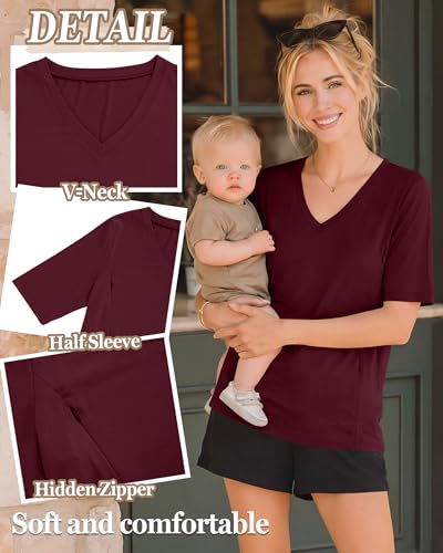 4 Pack Women Nursing Shirts Breastfeeding Tops - color: Burgundy, Navy Blue, White, Black, size: XX-Large