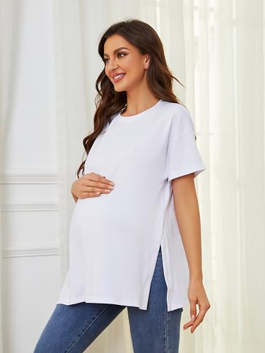 Ecavus Maternity Shirts Side Split Soft Cotton Loose Fit Pregnancy Tops - color: White, size: X-Large