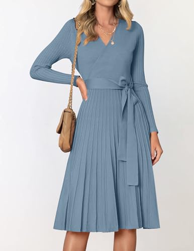 ZESICA Women's Long Sleeve Wrap Sweater Midi Dress with Belt - color: Dustyblue, size: X-Large