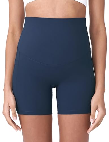 POSHDIVAH Maternity Biker Shorts Over the Belly with Pockets 5"/8" - color: Navy Blue, size: Large