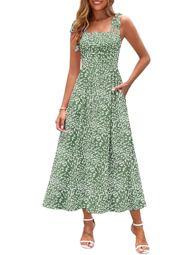Zattcas Womens 2026 Summer Tie Shoulder Floral Maxi Dress with Pockets - color: Greenwhite Leaf, size: Medium
