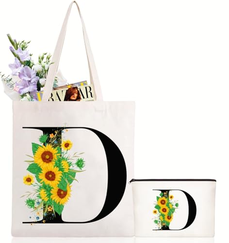 Andeiltech Initial Canvas Tote Bag Sunflower Letter Personalized Makeup Bag Monogrammed Gift for Bridesmaids Birthday Wedding - color: Sunflower Letter_d