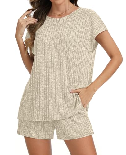Womens Pajamas 2 Piece Lounge Sets Summer Sleepwear Short Pjs - color: Beige, size: XX-Large